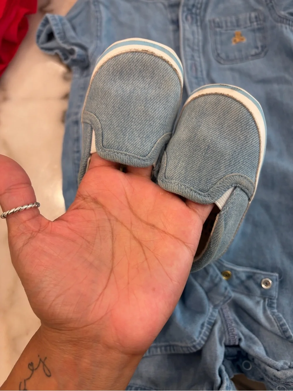 GAP Light Blue Denim Baby Romper with Ruffle Sleeves